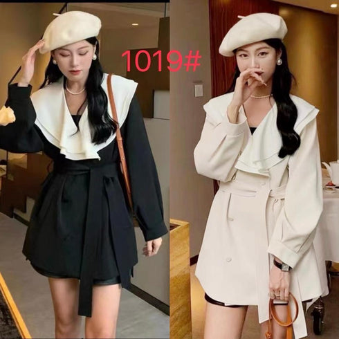 Ruffle Neck Double - Breasted Trench Coat